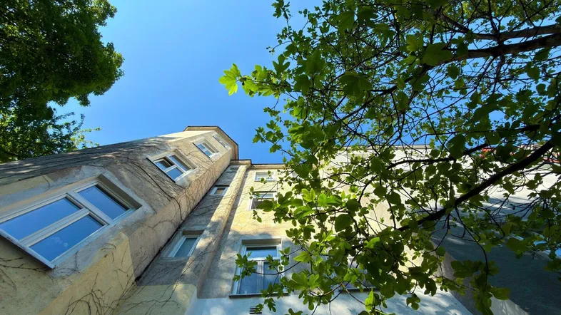Blick auf die Fassade eines Mehrfamilienhauses mit grünen Bäumen und blauem Himmel.