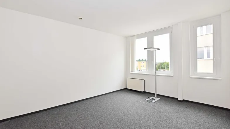 Heller, leerer Raum mit Teppichboden und großen Fenstern, ideal als Büro oder Arbeitszimmer.