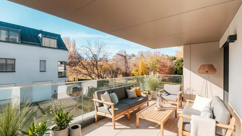 Geräumiger Balkon mit bequemen Outdoor-Möbeln und Blick ins Grüne, ideal zum Entspannen.