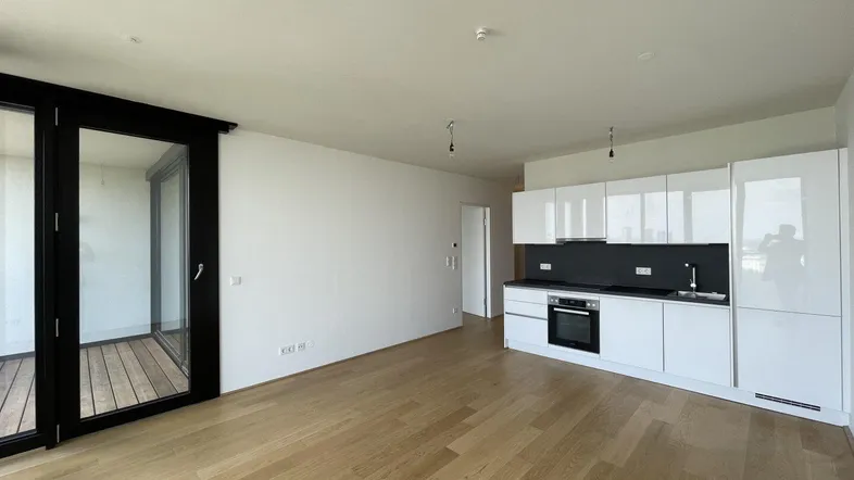 Heller offener Wohnbereich mit integrierter moderner Küche, Parkettboden und Zugang zum Balkon.