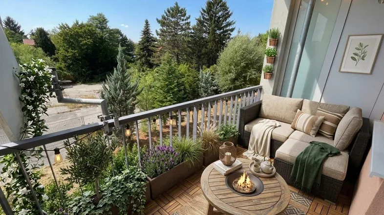 Gemütlicher Balkon mit Holzboden, Sitzgelegenheiten und Blick ins Grüne.