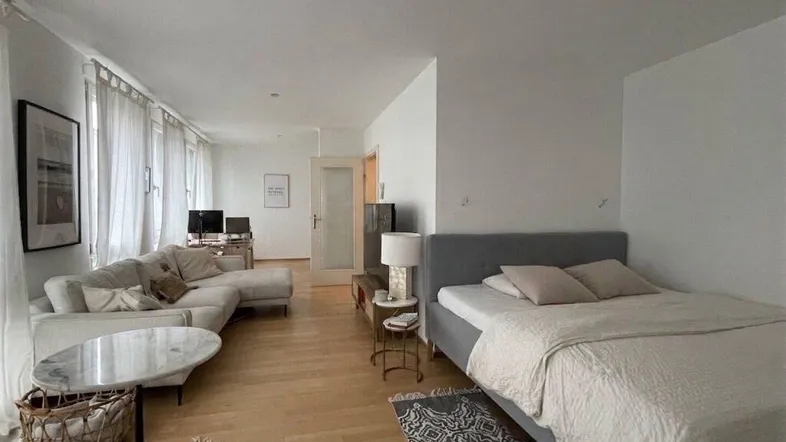 Helles Studio-Apartment mit Schlafbereich, Sofa und Parkettboden, ideal für modernes Wohnen.