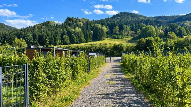 Schotterweg führt durch grüne Hecken zu einem Tor mit Berglandschaft im Hintergrund.
