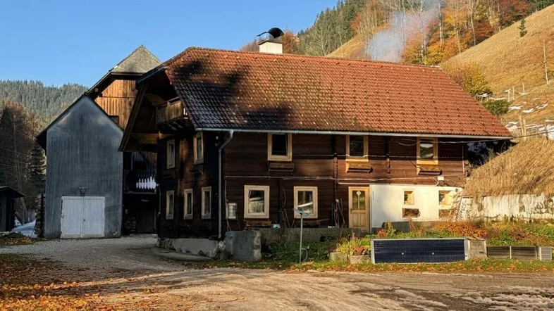 Traditionelles Holzhaus mit rotem Ziegeldach und umgebender Natur in ländlicher Umgebung.