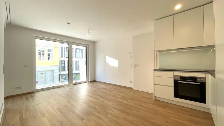 Heller Wohnbereich mit integrierter Küche, Parkettboden und großen Fenstern zum Außenbereich.