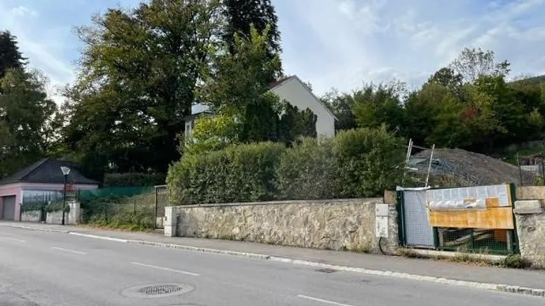 Blick von der Straße auf das Grundstück mit einem Haus im Hintergrund, umgeben von viel Grün und einer Steinmauer.