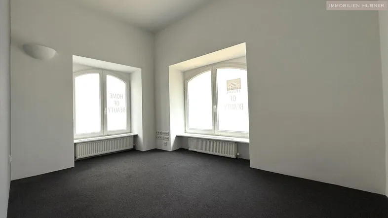 Heller Raum mit zwei großen Bogenfenstern, Teppichboden und weißen Wänden, ideal für vielfältige Nutzung.