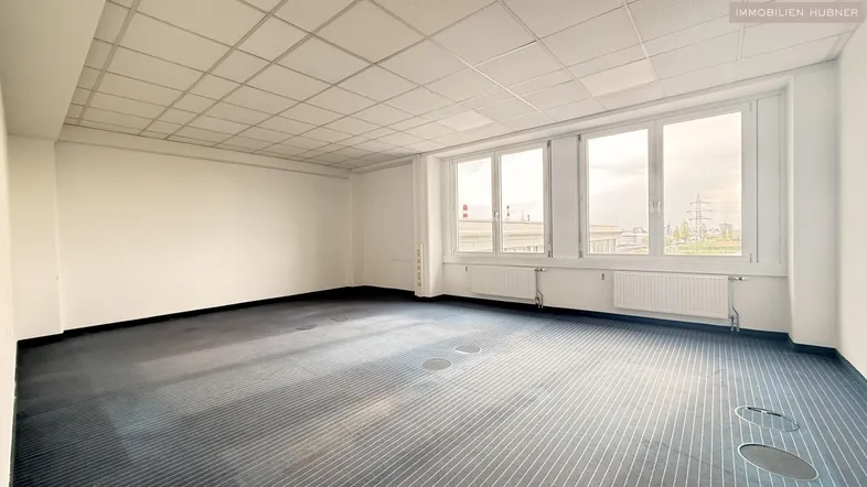 Geräumiges, leeres Büro mit Teppichboden und großen Fenstern, bereit zur individuellen Gestaltung.