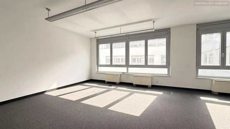 Leerer Büroraum mit Teppichboden, großen Fenstern und viel Tageslicht, ideal für flexible Nutzung.