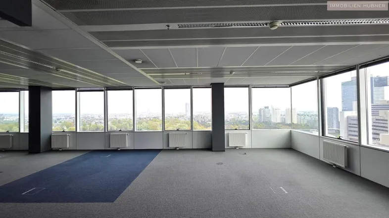 Großes, offenes Büro mit Teppichboden und weitem Stadtblick durch die Fensterfront.