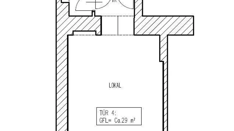 Grundriss eines Gewerberaums mit Teeküche und zwei Toiletten, inklusive Eingangsbereich und Vorraum.