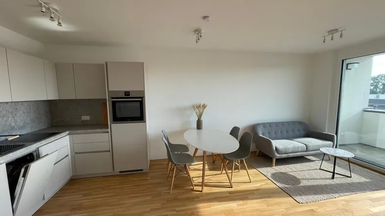 Heller offener Wohn-Essbereich mit moderner Einbauküche, Parkettboden und Zugang zum Balkon.