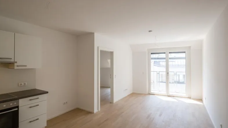 Heller Wohnbereich mit Parkettboden, integrierter Küchenzeile und Zugang zu einem französischen Balkon.