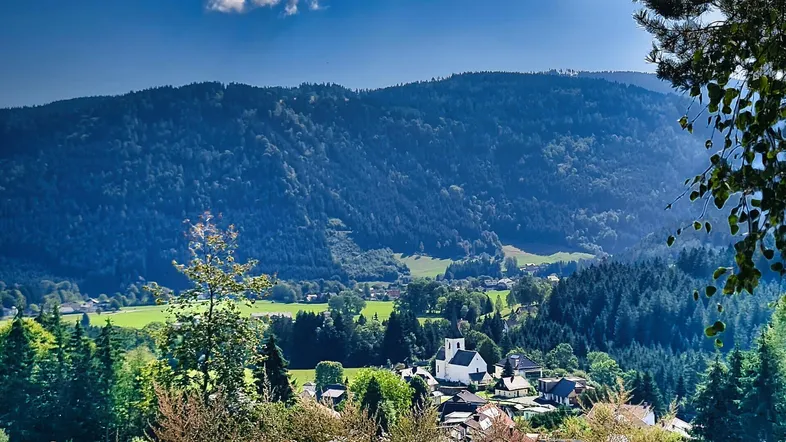 Malerische Ansicht eines Dorfes in einem Tal, umgeben von grünen Bergen und Wäldern unter blauem Himmel.
