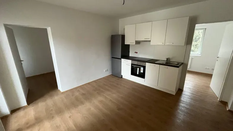 Heller Raum mit integrierter Küchenzeile, Laminatboden und weißen Wänden, ideal für kompaktes Wohnen.