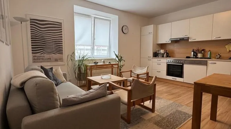 Heller offener Wohnbereich mit integrierter Küche, Sofa und Fenster.