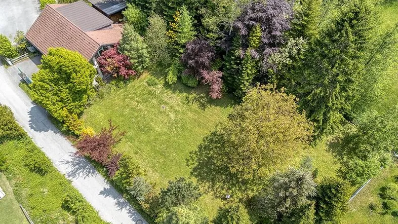 Luftaufnahme des Anwesens mit großem Rasengrundstück, umgeben von Bäumen und einer Zufahrtsstraße.