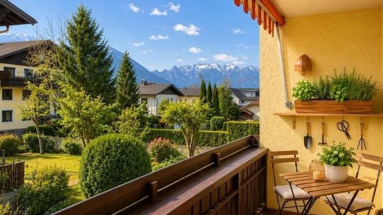 Gemütlicher Balkon mit Sitzgelegenheiten, Pflanzen und herrlichem Bergblick über die grüne Umgebung.