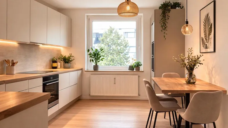 Helle, moderne Wohnküche mit Holzarbeitsplatten und Essbereich am Fenster.
