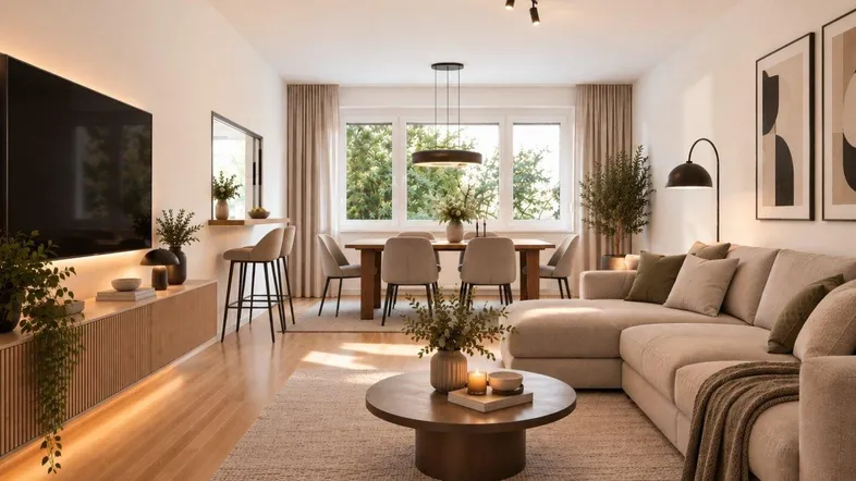 Modernes Wohn- und Esszimmer mit Holzboden, großem Fenster und gemütlicher Sitzecke.