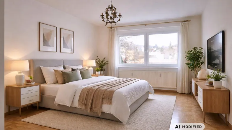 Gemütliches Schlafzimmer mit großem Bett, Holzboden und viel Tageslicht durch das Fenster.