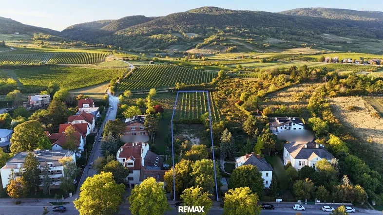 Luftaufnahme eines Baugrundstücks umgeben von Weinbergen und Wohnbebauung.