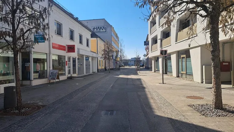 Eine ruhige Geschäftsstraße mit verschiedenen Gebäuden und Bäumen unter blauem Himmel.