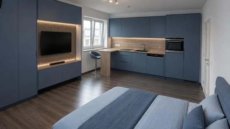 Modernes Studio-Apartment mit integrierter Küchenzeile, Schlafbereich und TV-Möbel in Blautönen.