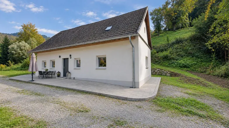 Weißes Einfamilienhaus mit Satteldach und großer gepflasterter Terrasse, umgeben von grüner Natur.