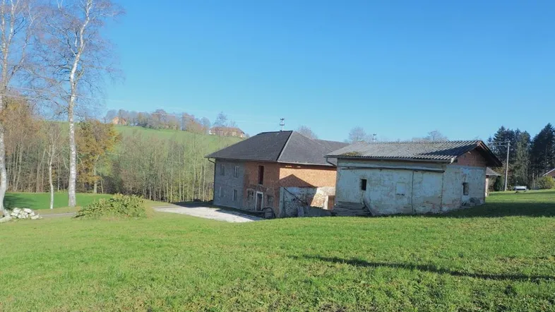 Ländliches Anwesen mit zwei Gebäuden und weitläufiger grüner Wiese unter blauem Himmel.