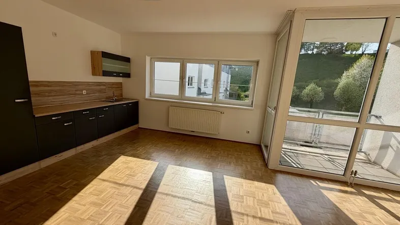 Heller Wohnbereich mit Parkettboden, kleiner Küchenzeile und direktem Zugang zum Balkon.