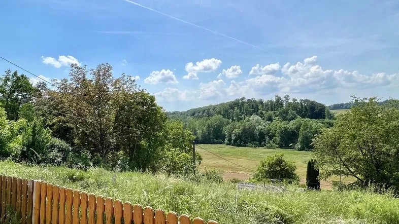 Ländliche Aussicht mit grünen Feldern und bewaldeten Hügeln unter blauem Himmel.