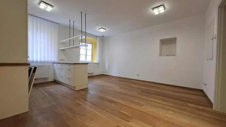 Heller offener Wohnbereich mit Holzboden und integrierter Küchenzeile, ideal für modernes Wohnen.