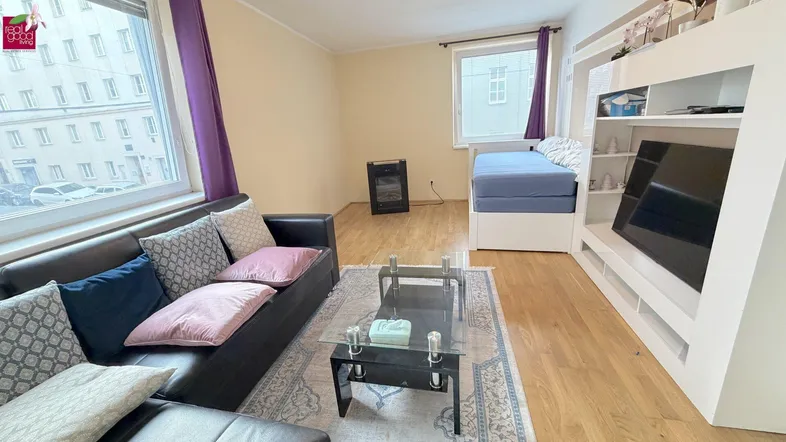 Wohnzimmer mit Sofa, Couchtisch, TV-Möbel und einem integrierten Bettbereich, hell durch große Fenster.