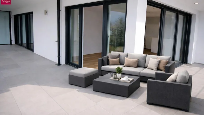 Geräumige Terrasse mit modernen Lounge-Möbeln und Zugang zu den Innenräumen durch große Glasfronten.
