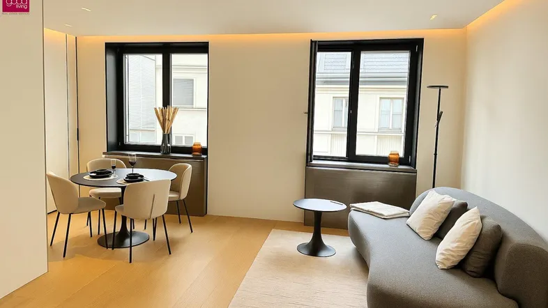 Offener Wohn- und Essbereich mit modernem Esstisch, Sofa und Holzboden, ideal für geselliges Beisammensein.