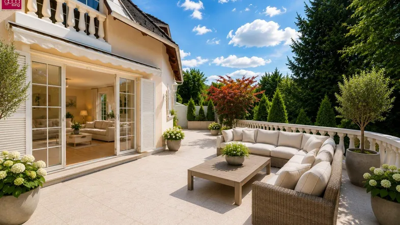 Große, geflieste Terrasse mit bequemen Loungemöbeln und Zugang zum hellen Wohnbereich.