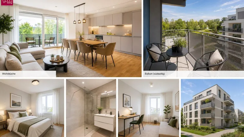 Moderne Wohnung in einem Neubau mit offener Wohnküche, hellem Schlafzimmer, modernem Bad und Balkon mit Grünblick.