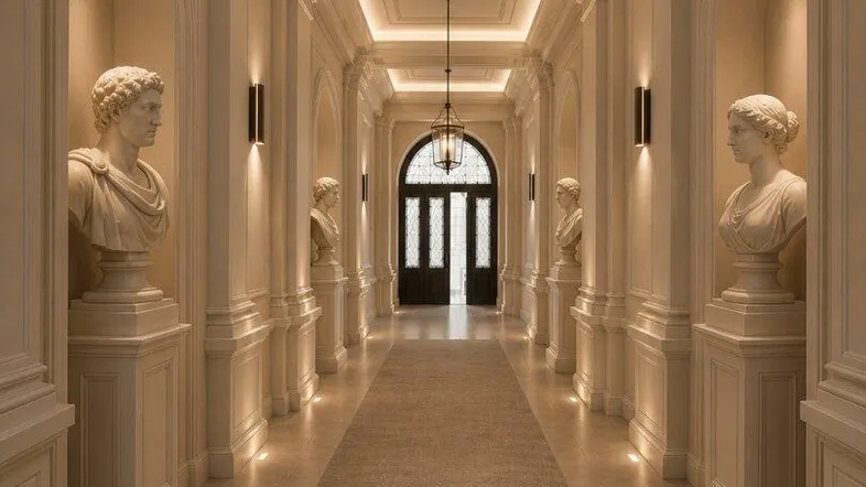 Eleganter Flur mit klassischer Architektur, Stuckdecken und dekorativen Statuen in Nischen.