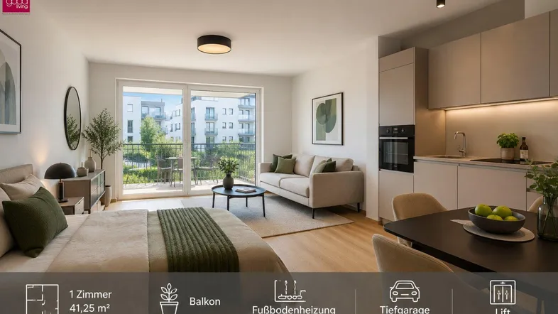 Modernes Studio-Apartment mit offener Küche, hellem Wohnbereich, Schlafzone und Zugang zum Balkon mit Grünblick.