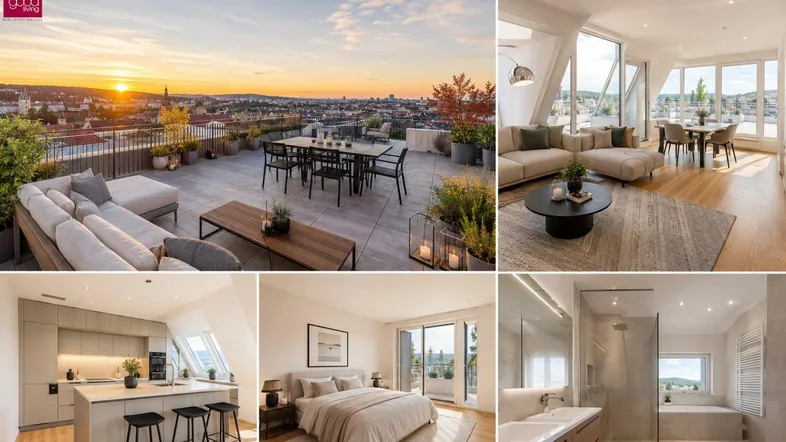 Vielfältige Ansichten eines modernen Penthouses mit Dachterrasse, Wohnbereich, Küche, Schlafzimmer und Bad.