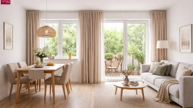 Heller, offener Wohn-Essbereich mit modernen Möbeln, Holzboden und Zugang zu einem möblierten Balkon mit Grünblick.