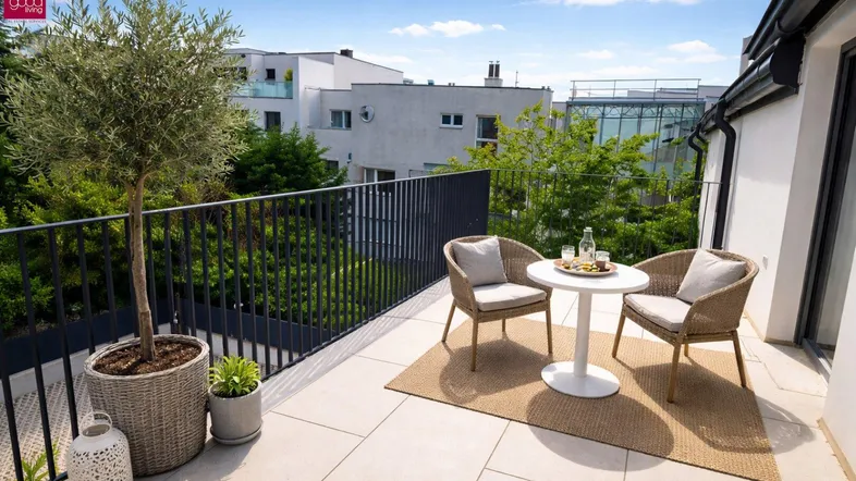 Heller Balkon mit moderner Sitzgelegenheit, Topfpflanzen und Blick auf die grüne Umgebung.