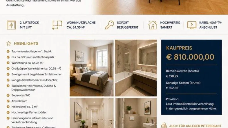 Hochwertige Collage zeigt offene Wohnküche, modernes Schlafzimmer, stilvolle Bäder und einen Blick auf die Stadt.