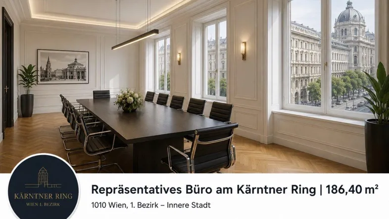 Repräsentativer Konferenzraum mit hohen Decken, Fischgrätparkett und Blick auf historische Stadtarchitektur.
