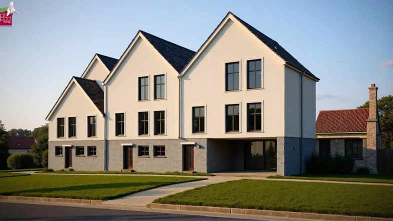 Modernes Mehrfamilienhaus mit heller Fassade, vielen Fenstern und gepflegtem Vorgarten.