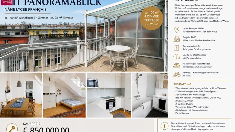 Geräumige Dachterrasse mit Panoramablick über die Stadt, ergänzt durch Einblicke in moderne Innenräume.