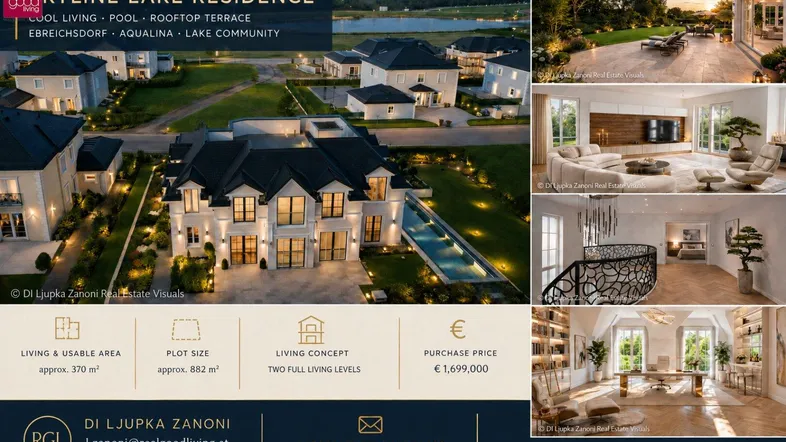 Luxuriöse Seeresidenz mit weitläufigem Grundstück, Pool und eleganten Innenbereichen, umgeben von Natur.