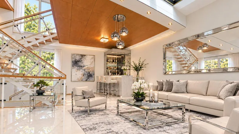 Großzügiges Wohnzimmer mit hohen Decken, Marmorboden, moderner Bar und eleganter Einrichtung.