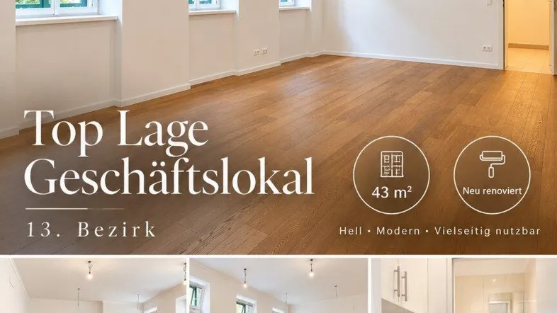 Dieses Bild zeigt ein frisch renoviertes Geschäftslokal mit Holzboden, großen Fenstern und einem separaten WC-Bereich mit Küchenzeile.